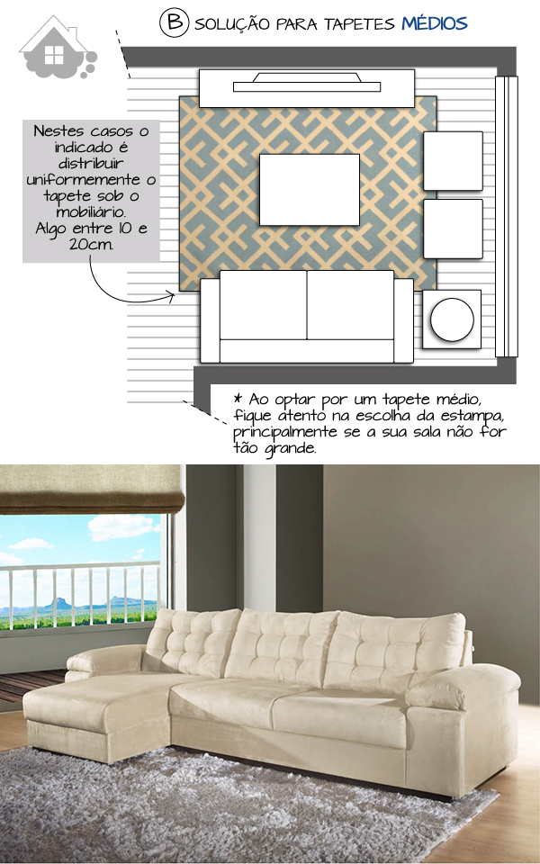 Considere o layout: Como seus móveis estão dispostos? O tapete deve conversar com a disposição do sofá, poltronas e mesa de centro. - inspiração 2