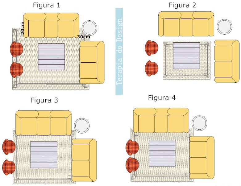 Tapete e mesa de centro: A regra geral é que a mesa de centro não deve cobrir o tapete todo. Deve haver espaço entre a mesa e as bordas do tapete. - inspiração 3