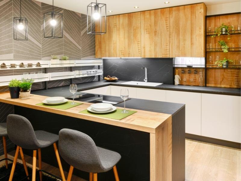 painel ripado para ilha de cozinha com cantos curvos