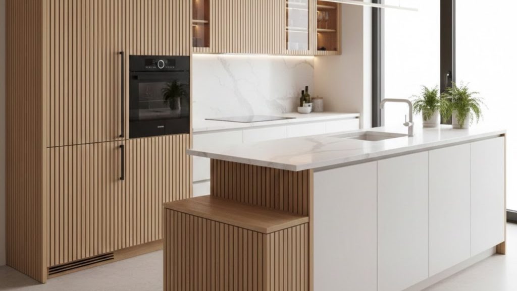 painel ripado para ilha de cozinha com cantos curvos