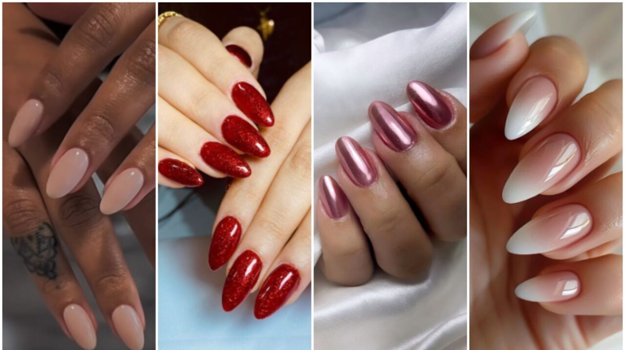 unhas stiletto vs amendoado branco e vermelho qual escolher