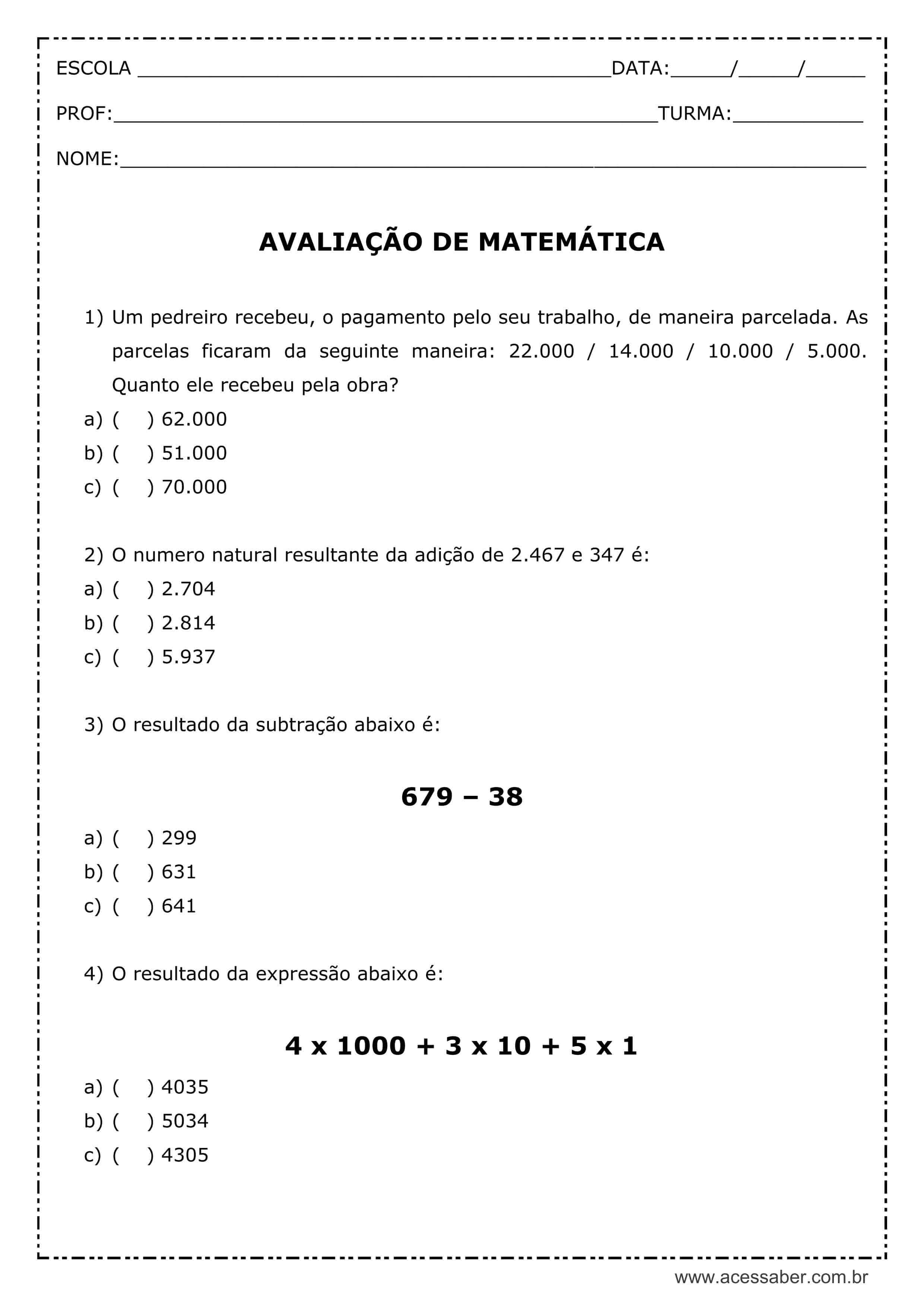 avaliação de matematica 5 ano