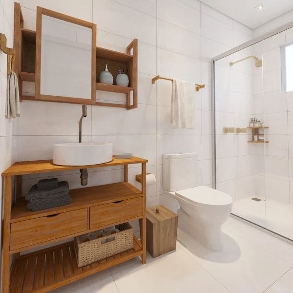 banheiro branco com madeira