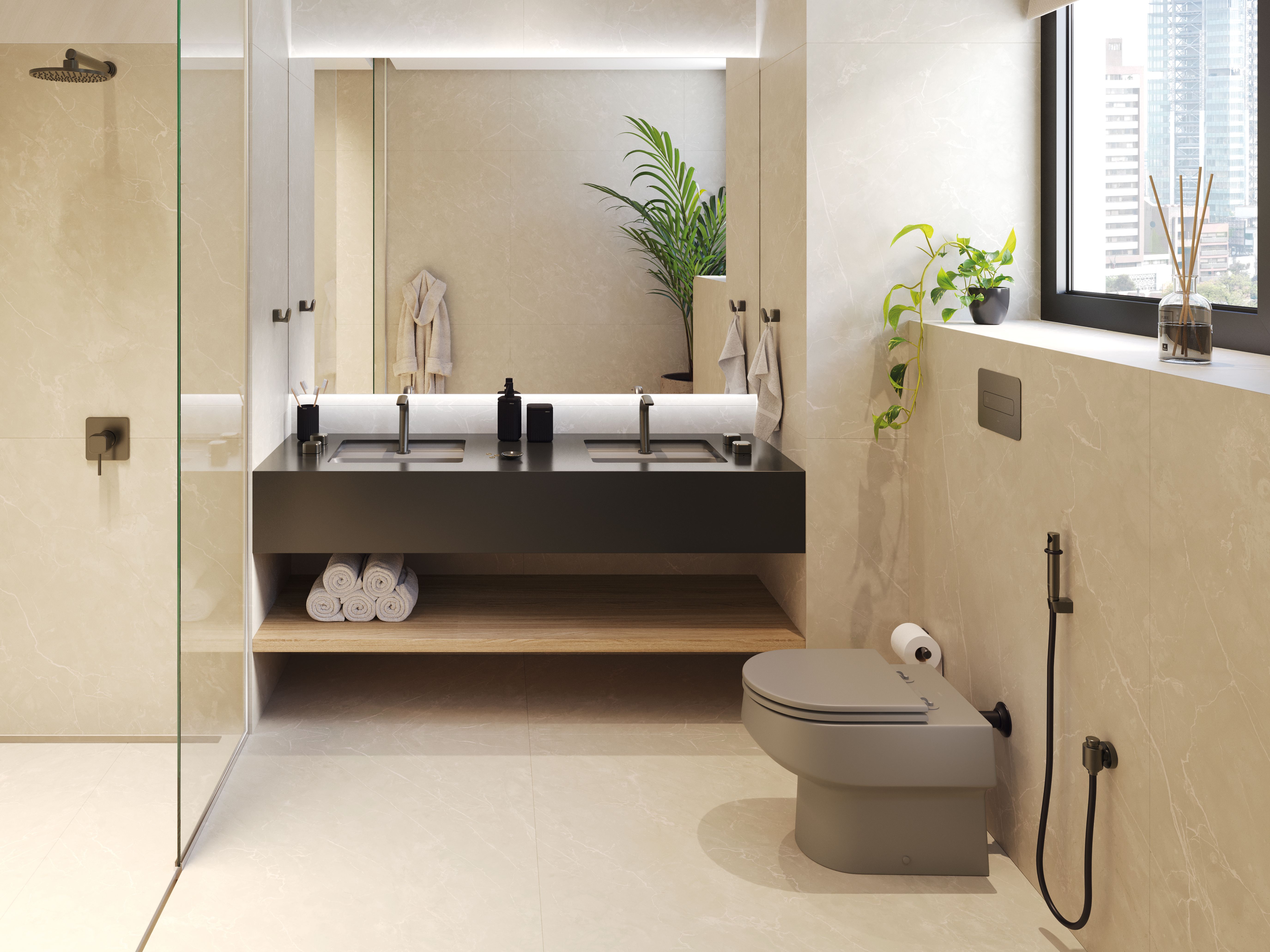 Iluminação para banheiro cinza e preto: destacando texturas e ambientes