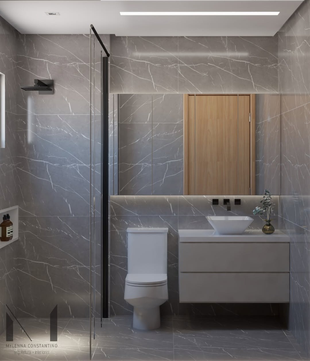 Acessórios essenciais para um banheiro cinza e preto sofisticado