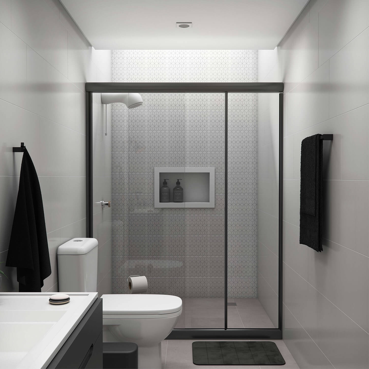 custo projeto banheiro monocromático pequeno