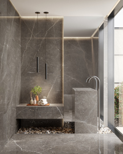 banheiro com porcelanato marmorizado