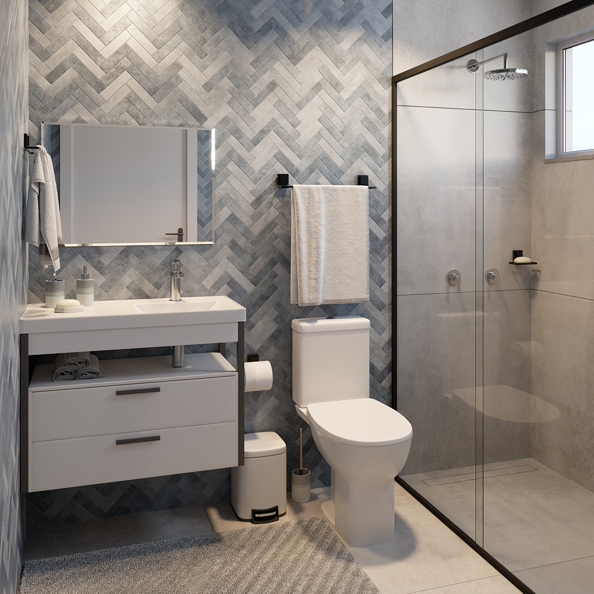 banheiro pequeno branco e cinza