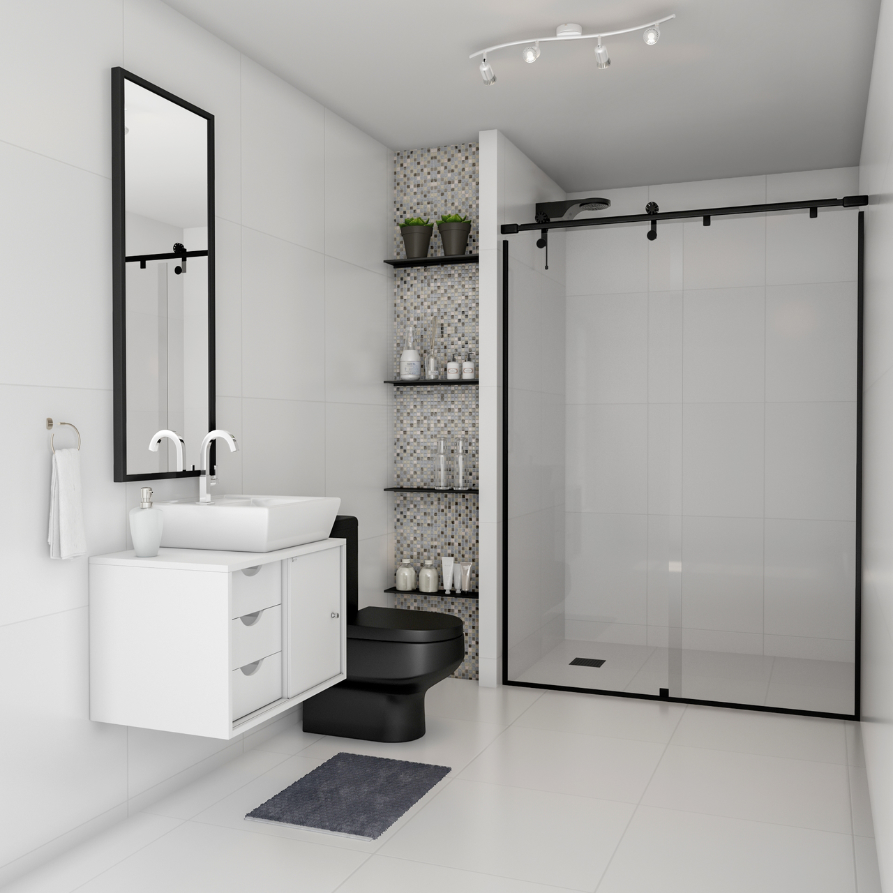 banheiro preto e branco com bancada de quartzo preto