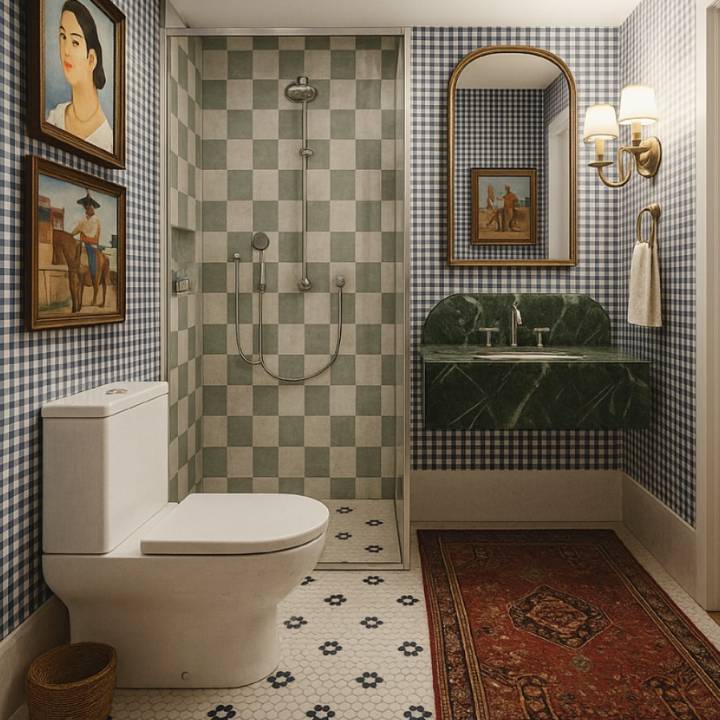 banheiro retro com piso xadrez