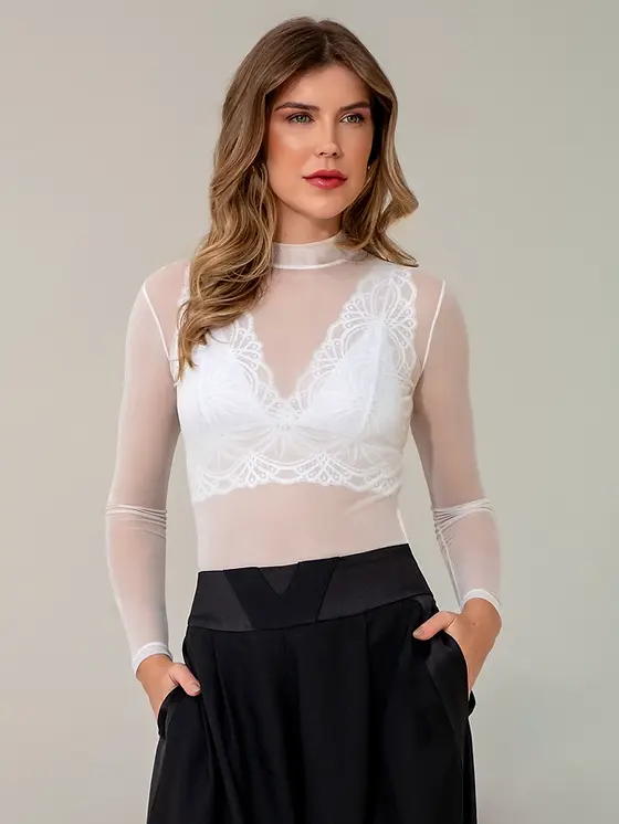 blusa tule manga longa