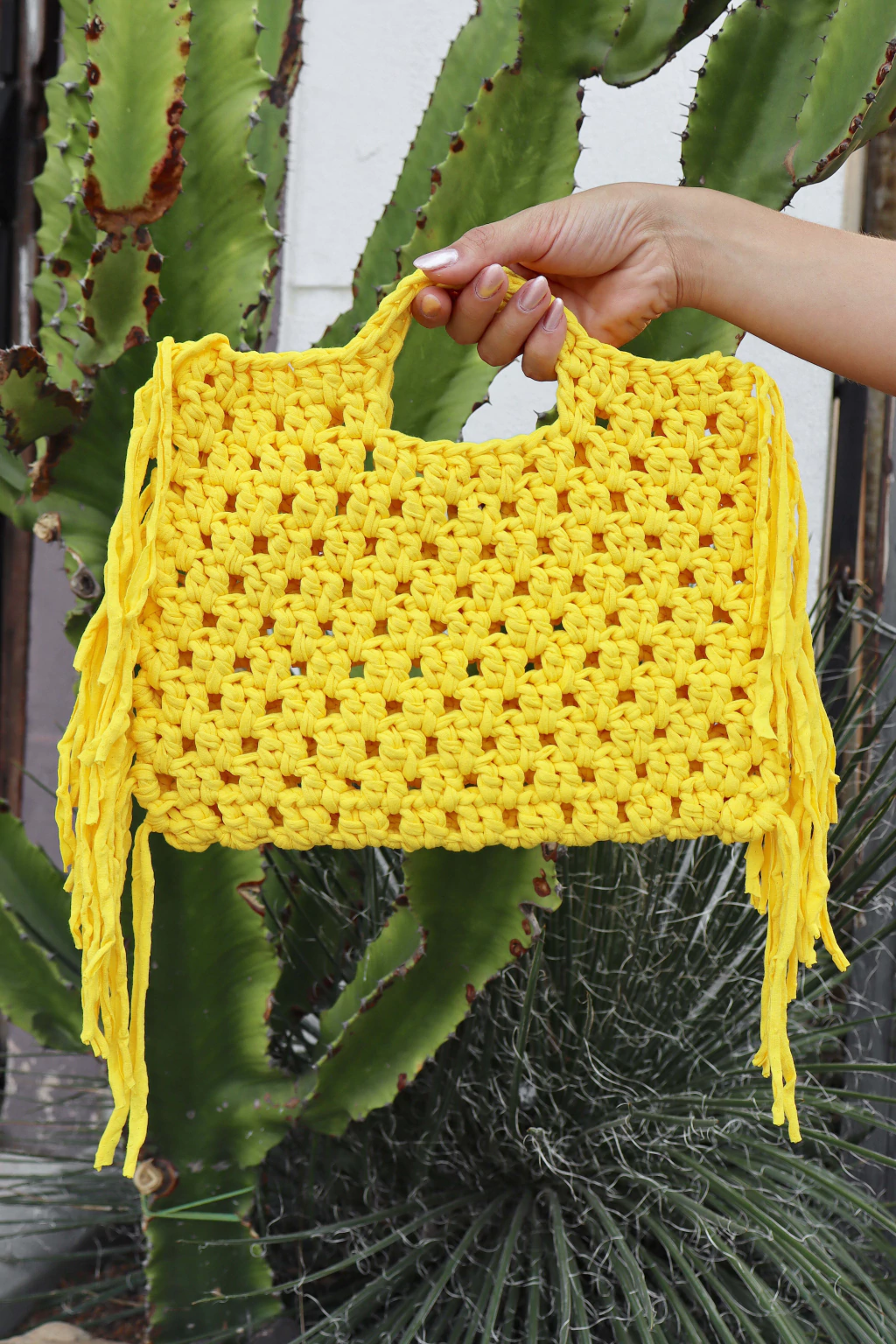 Bolsa de crochê com franja fio náutico
