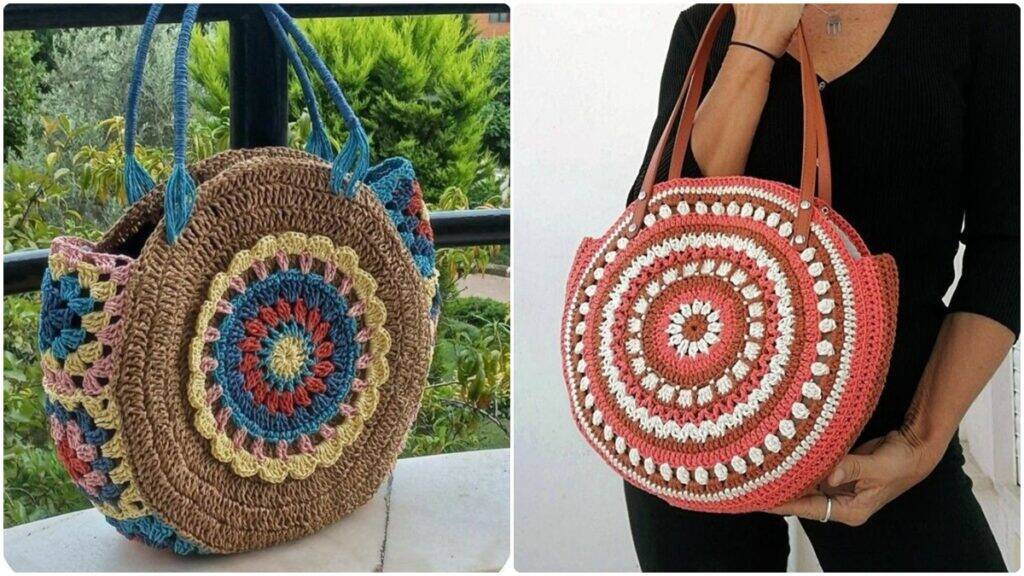Bolsa de crochê redonda palha