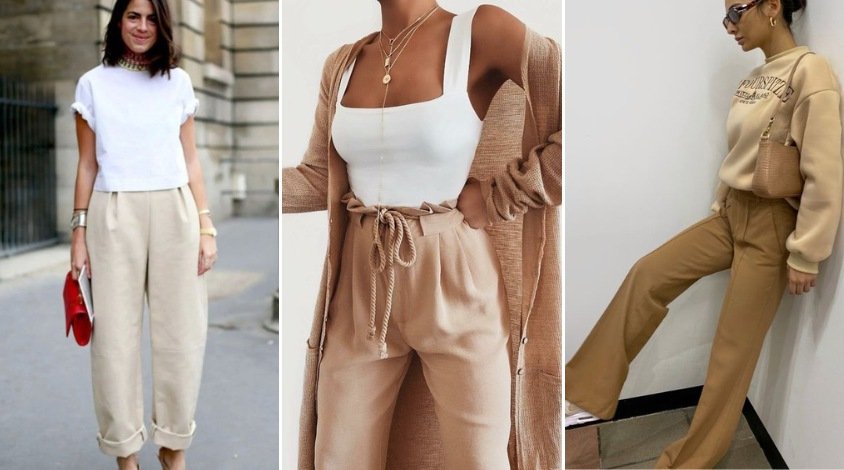 Calça bege feminina pantalona