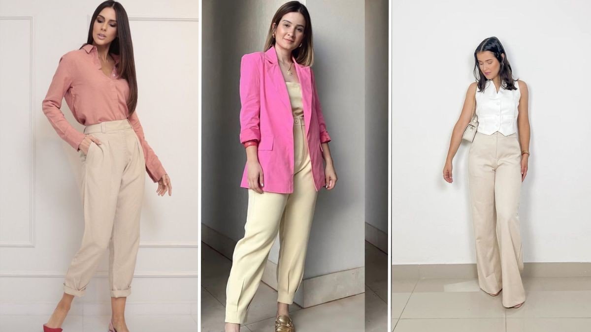 Calça bege feminina wide leg