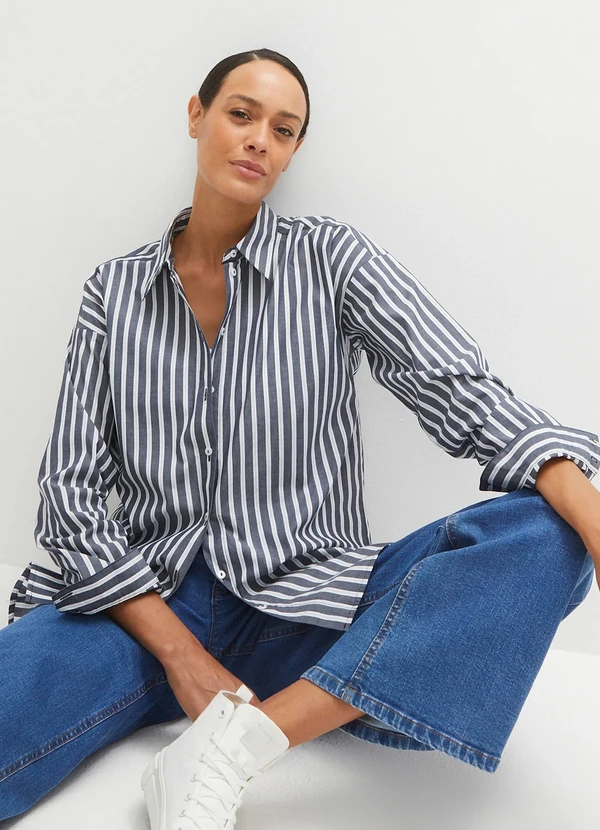 Camisa de linho feminina listrada azul