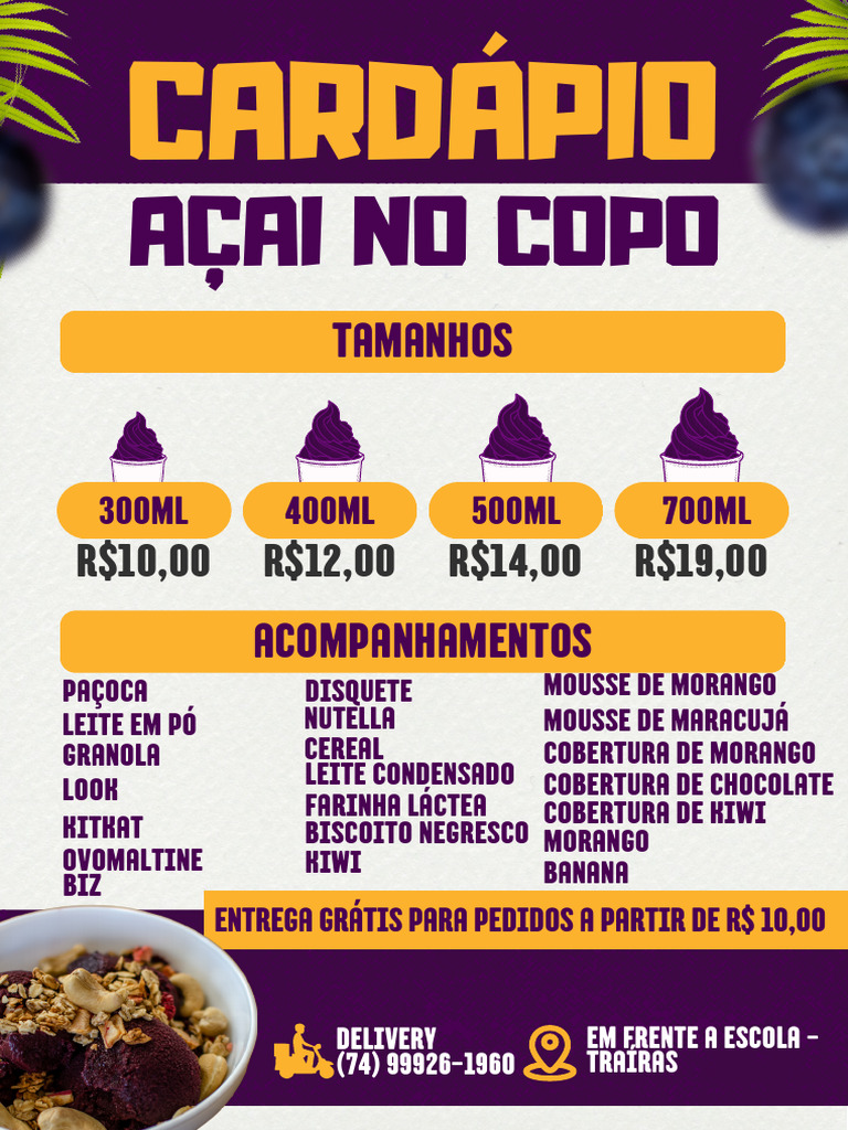 cardápio açaí delivery