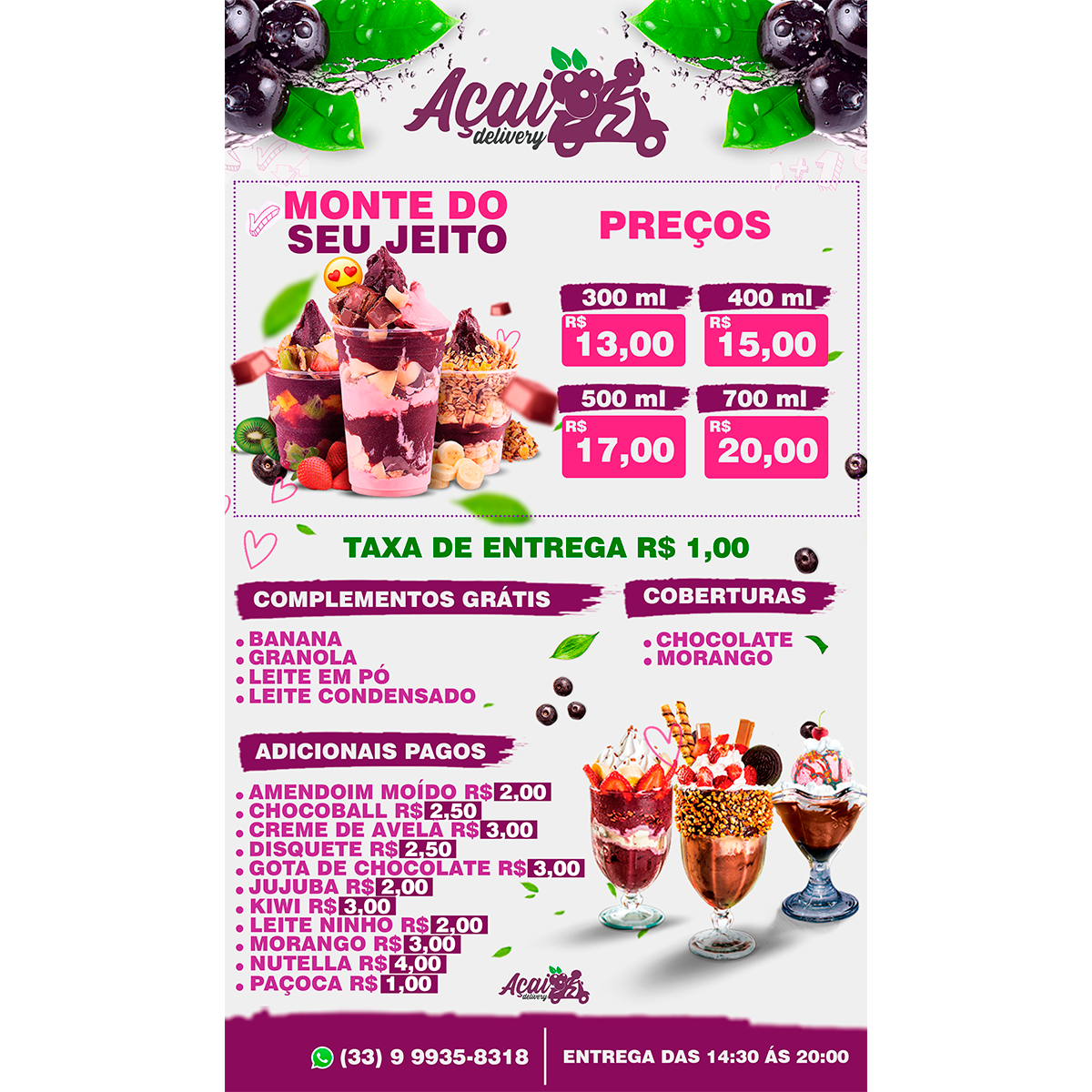 cardápio açaí vegano