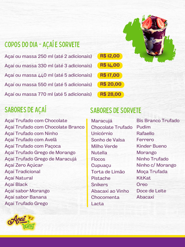 cardápio açaí com sorvete