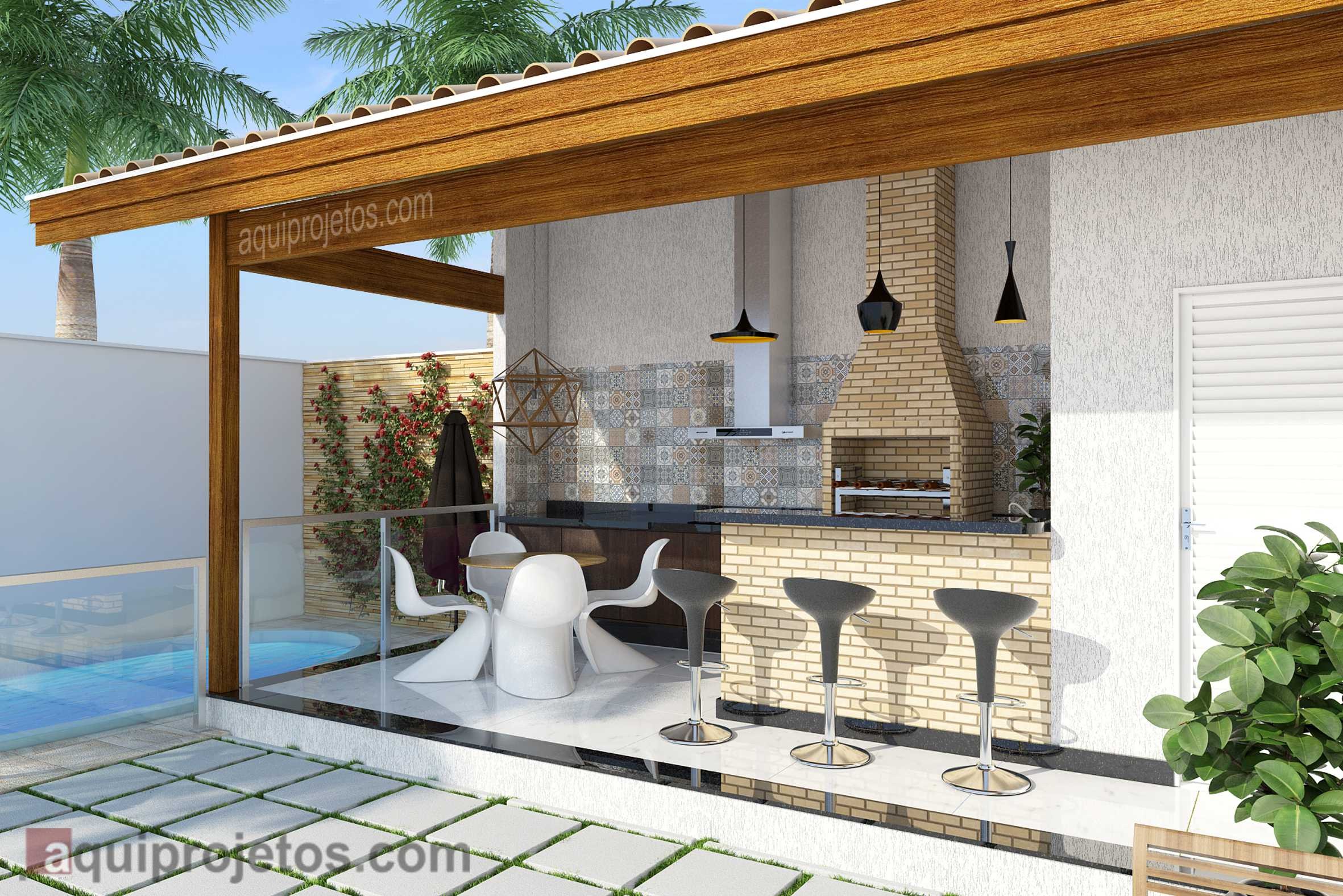 planta de casa com área gourmet na frente e garagem