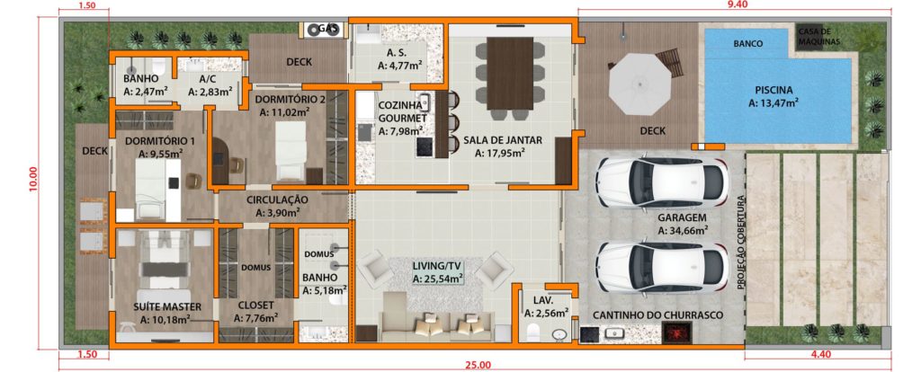 planta de casa com área gourmet na frente e garagem