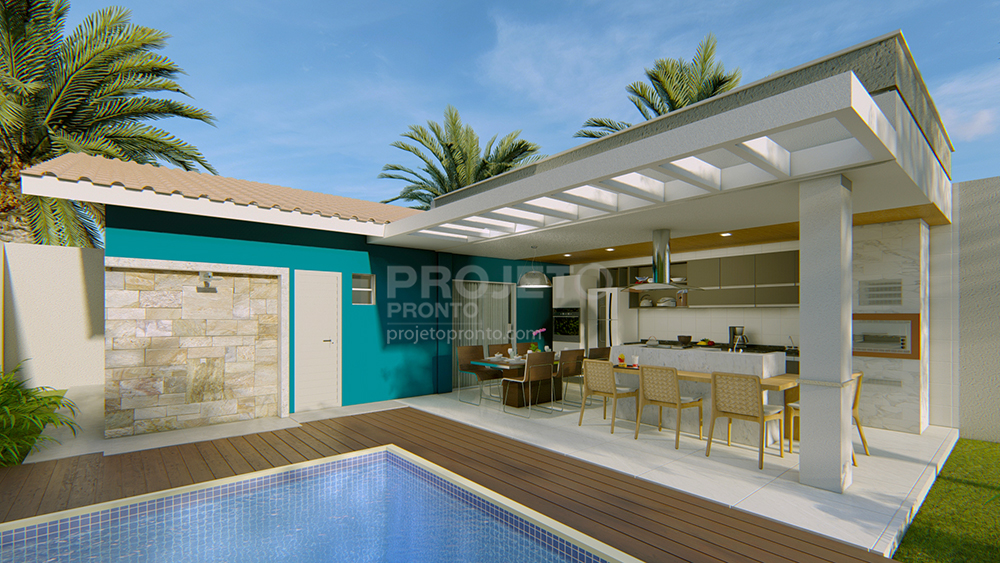 projeto de casa térrea com área gourmet na frente