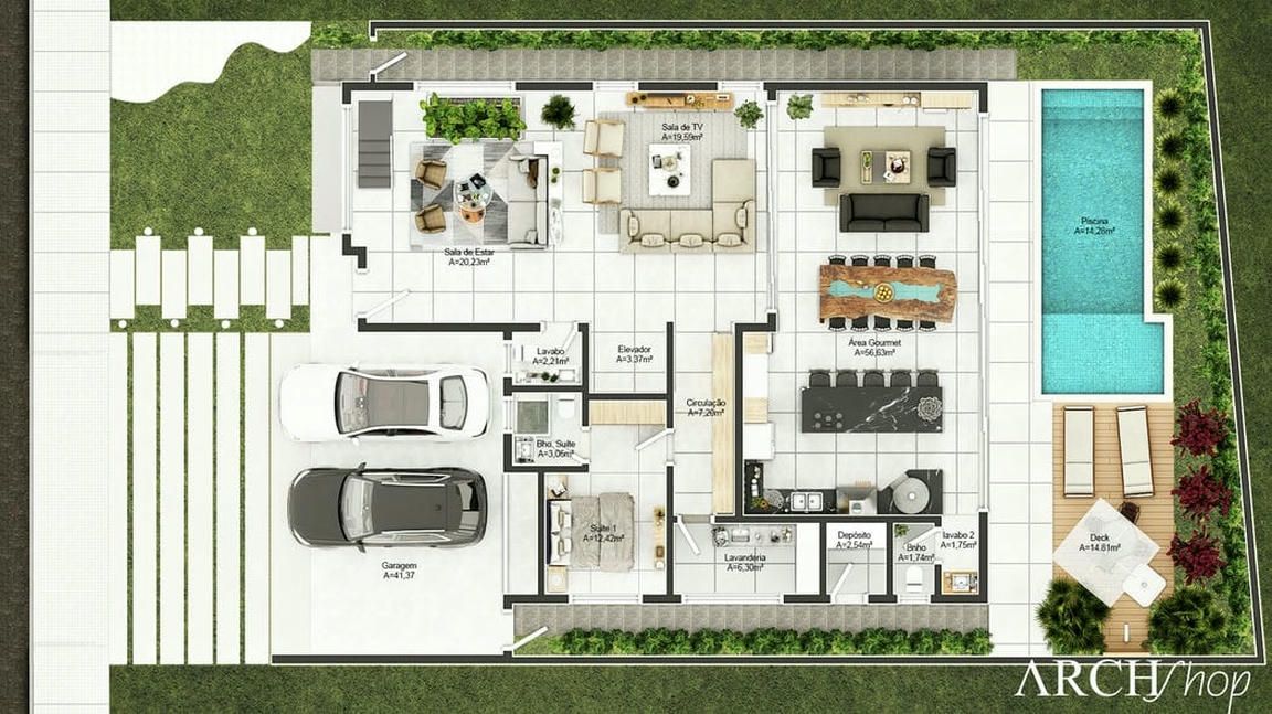 planta de casa com área gourmet na frente e garagem