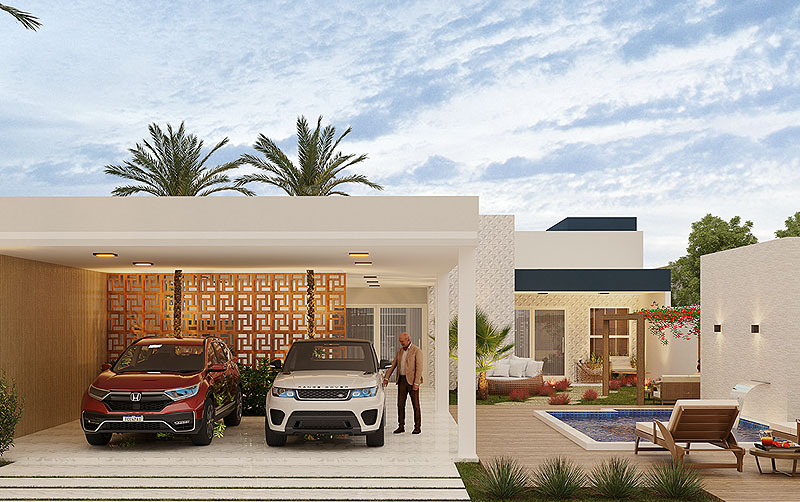 fachada de casa com área gourmet na frente