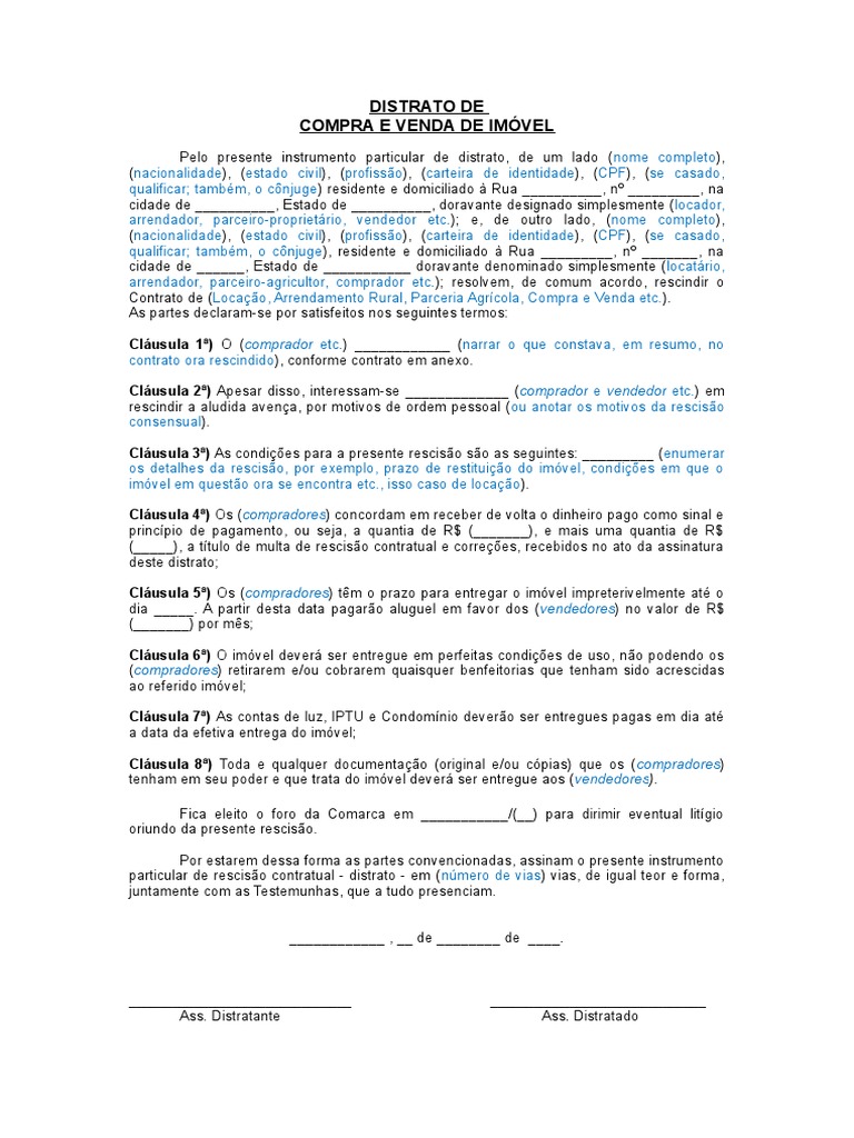Como funciona o distrato de contrato de compra e venda