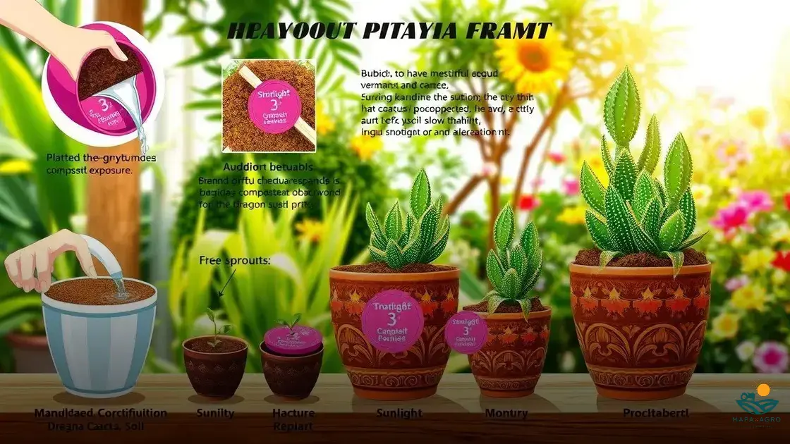 1. Como escolher o vaso ideal para pitaya.
2. O substrato perfeito para pitaya em vasos.
3. Guia completo de adubação para pitaya.
4. Poda e tutoramento da pitaya em vaso.
5. Quando esperar os primeiros frutos da pitaya plantada em vaso?