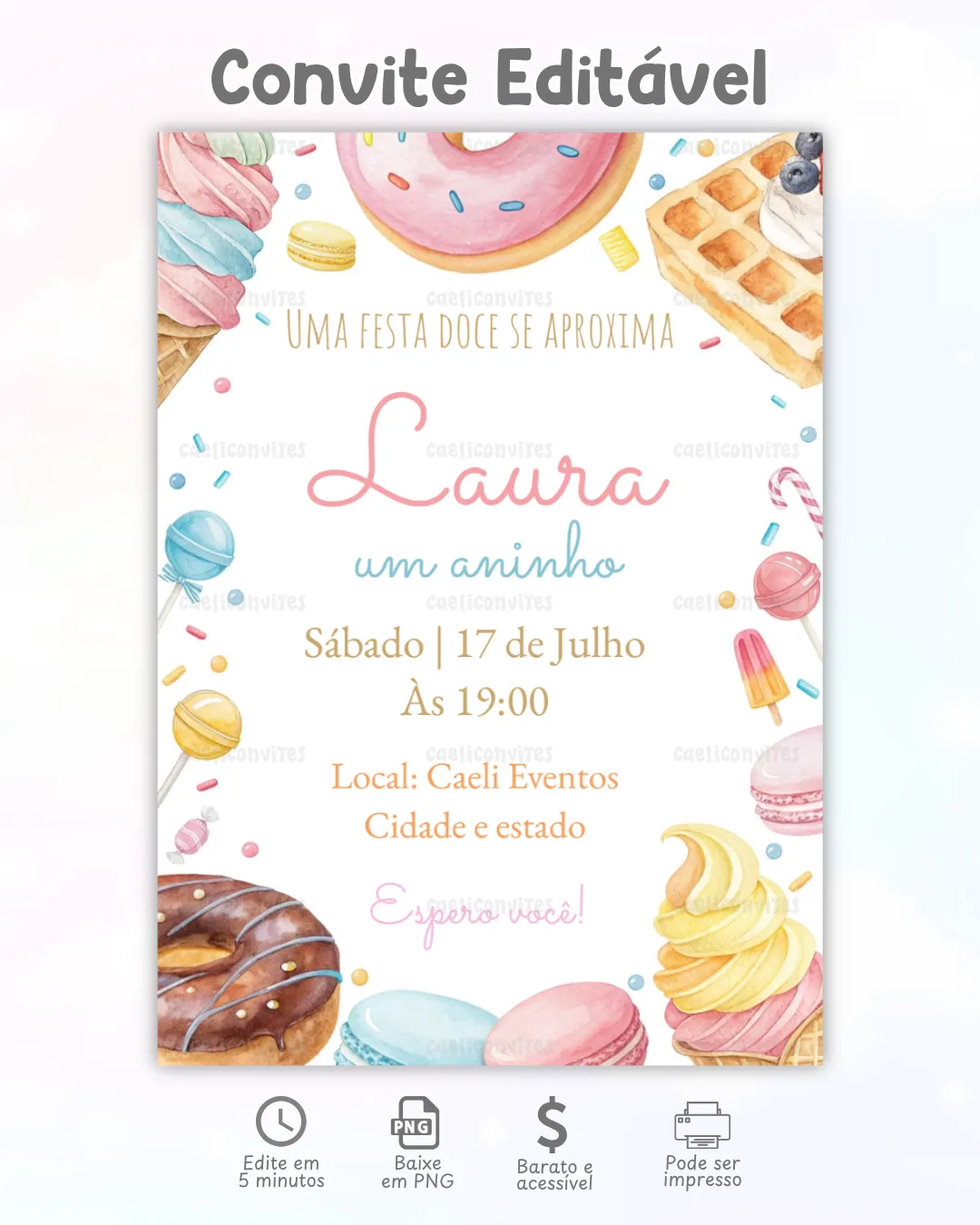 convite de aniversário mundo doce editável