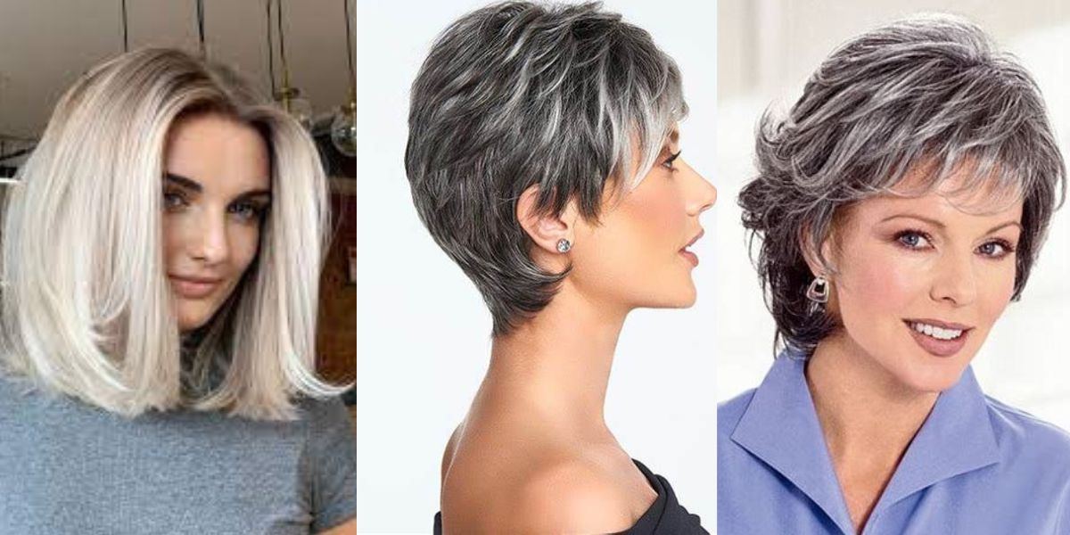 corte médio em camadas para cabelo grisalho fino