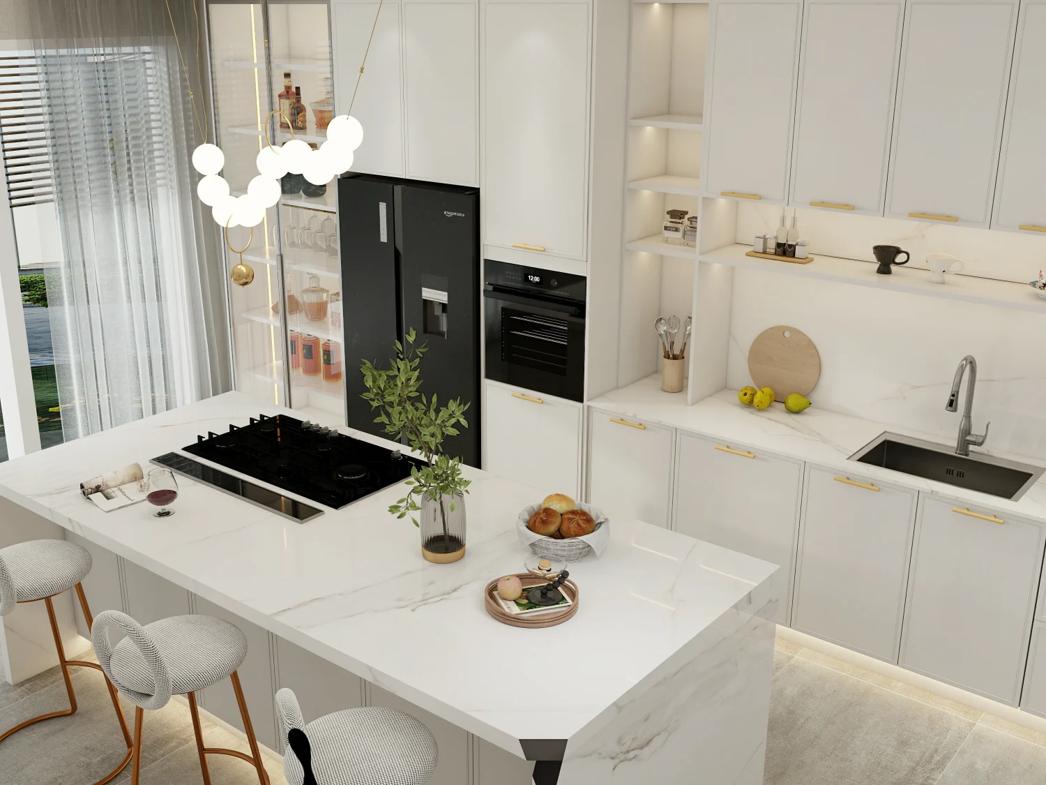 cozinha americana com bancada de quartzo branco