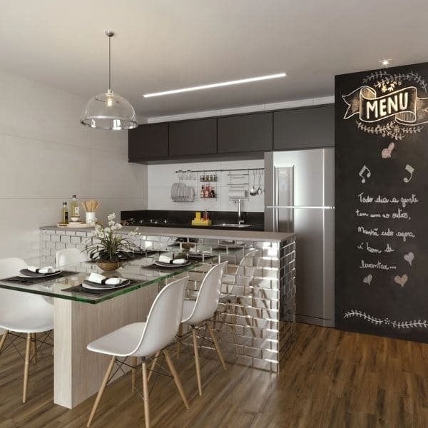 tijolo de vidro vs bloco de concreto na cozinha americana