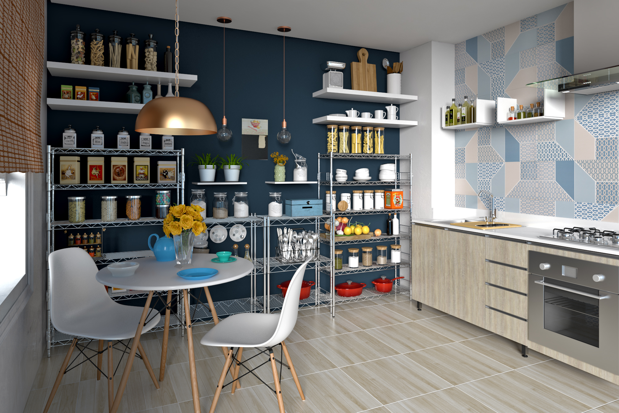 cozinha com estante de aco