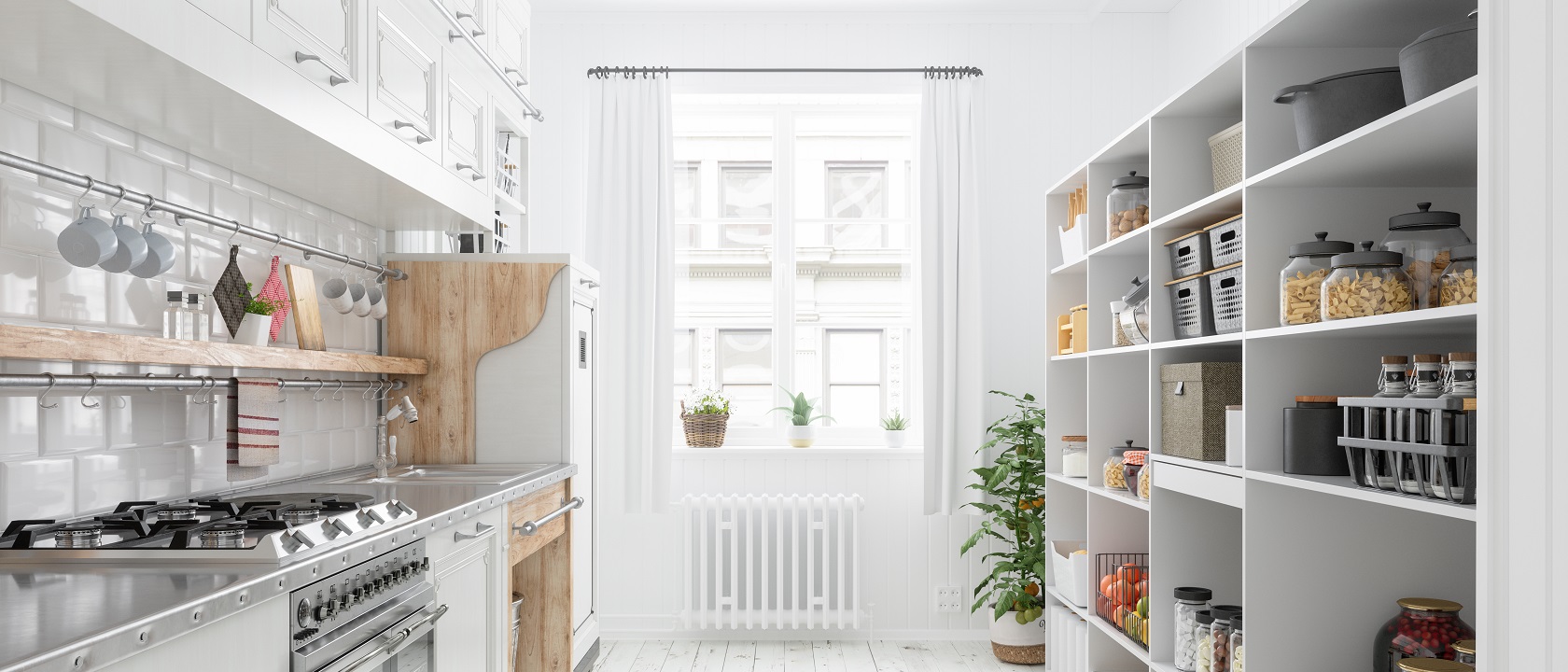 cozinha com estante de aco