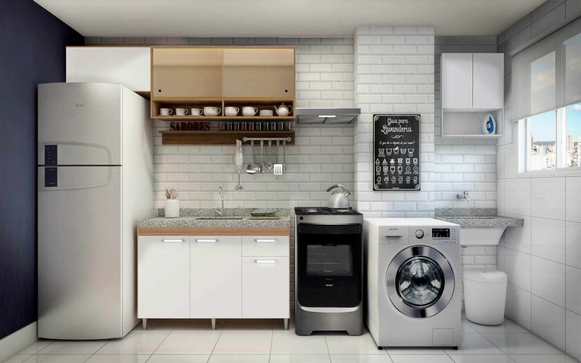 cozinha pequena com lavanderia