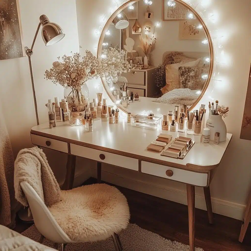 como organizar maquiagens na penteadeira pequena