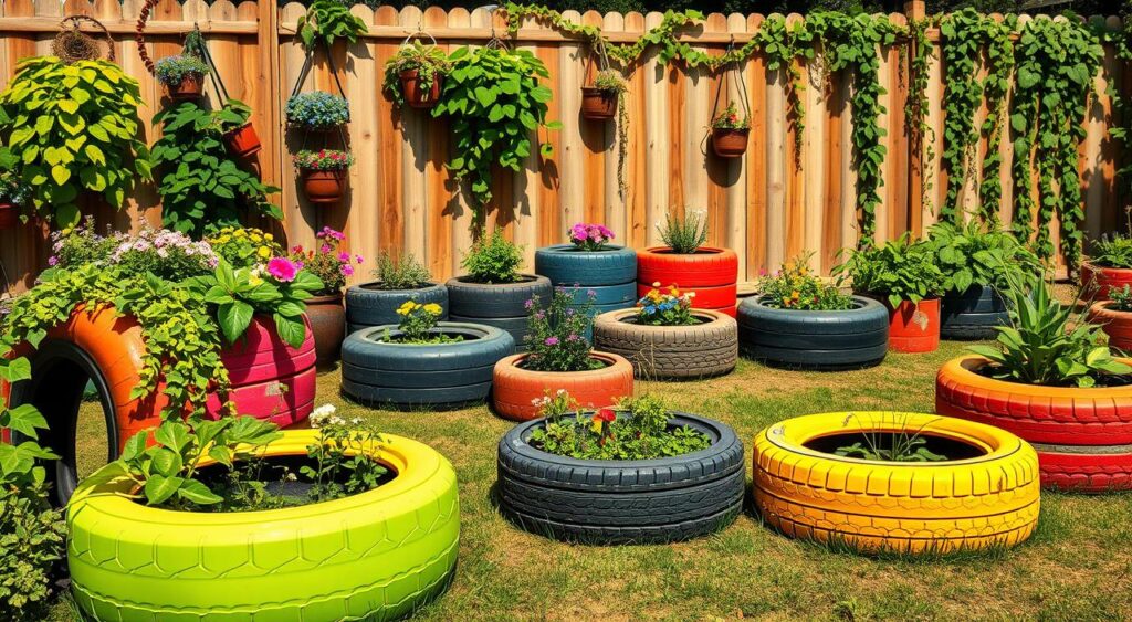 ideias de decoração de jardim com pneus e brinquedos