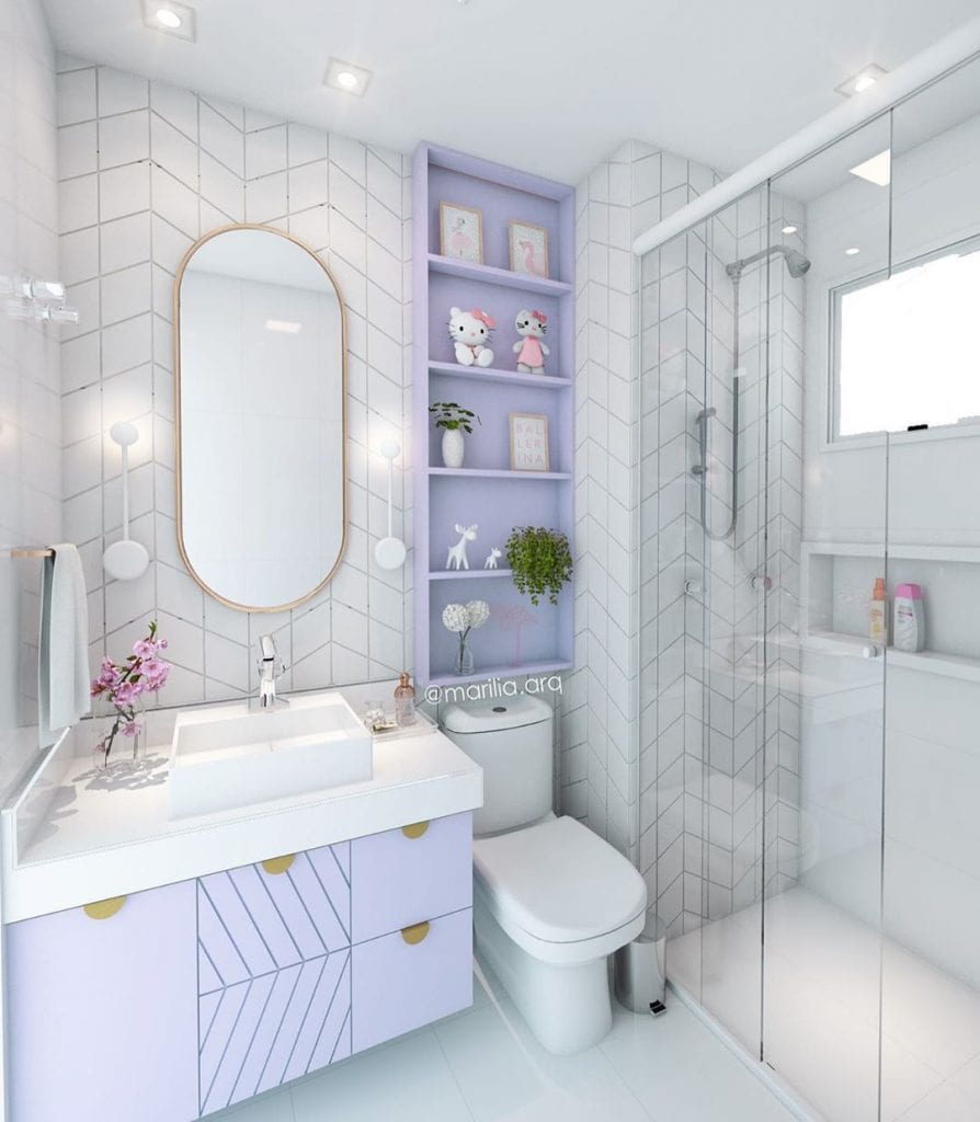 Tendências 2026: Revestimentos e Móveis Suspensos para um Banheiro Lilás Moderno