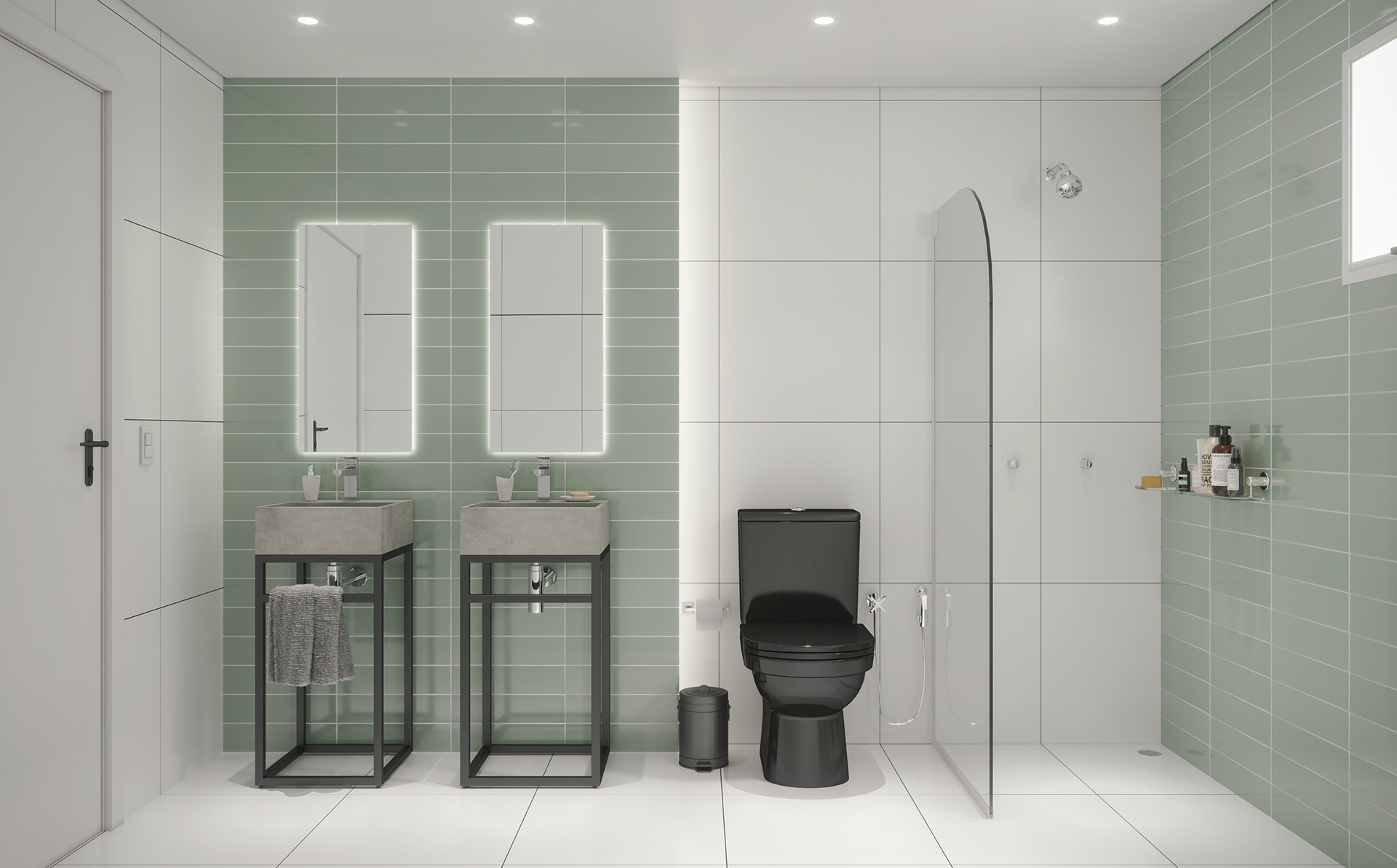 decoração de banheiro verde e preto