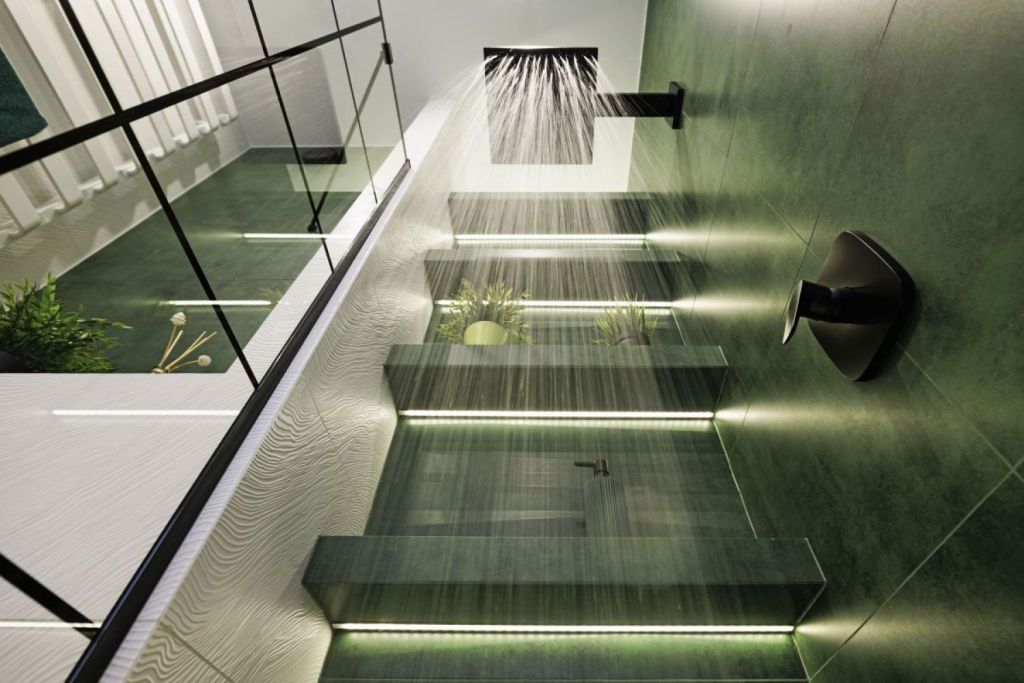 decoração de banheiro verde e preto