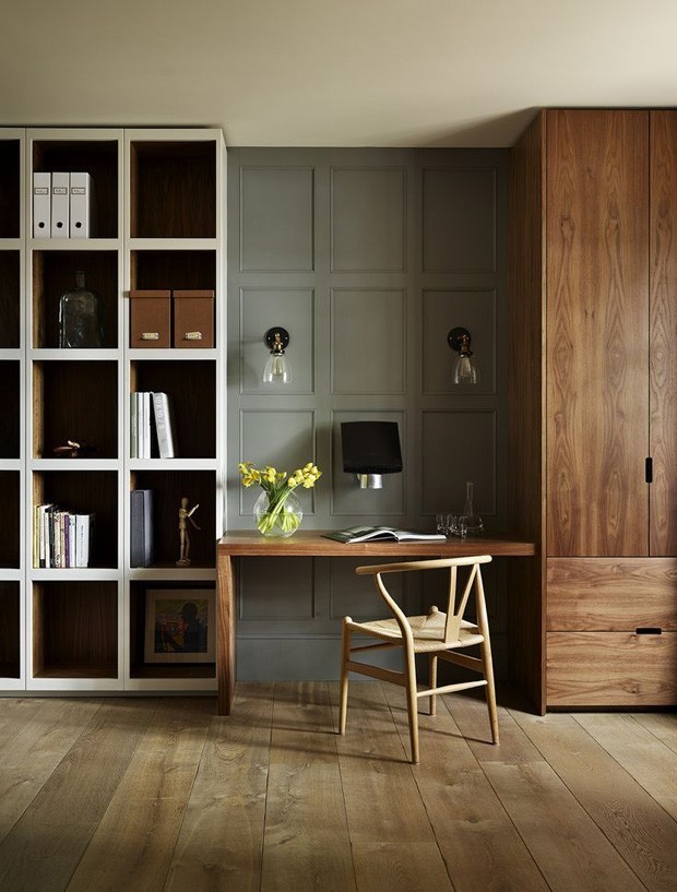 ideias de decoração de escritório com boiserie minimalista