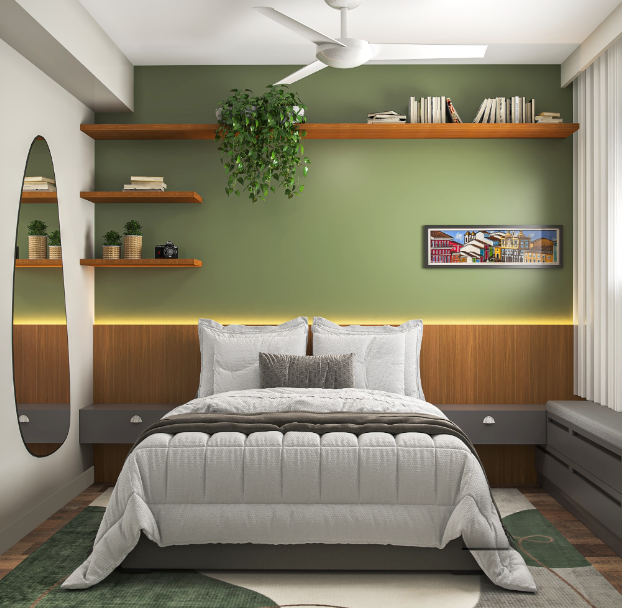 decoração de quarto verde oliva