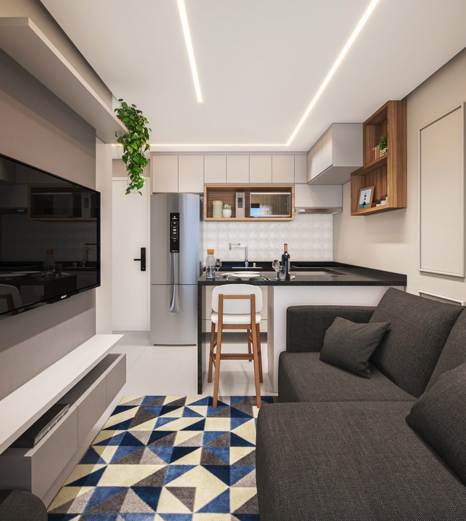 decoracao de sala com cozinha integrada