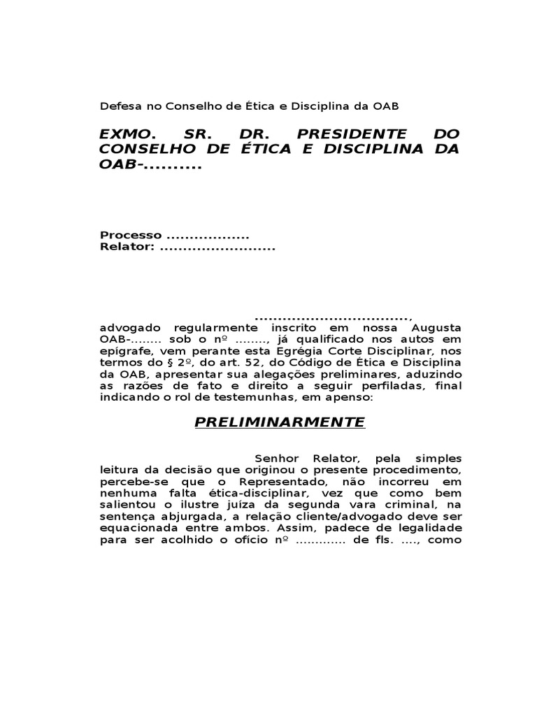 5 ideias de títulos:
1. Guia Completo: Como Elaborar sua Defesa em Processos Éticos na OAB
2. Entenda as Etapas do Processo Disciplinar da OAB e Garanta sua Defesa
3. Principais Teses de Defesa em Processos Éticos da OAB: Prescrição e Inépcia
4. Conheça as Sanções Disciplinares da OAB e Como Evitá-las
5. Recursos no Processo Ético da OAB: Prazos e Procedimentos
