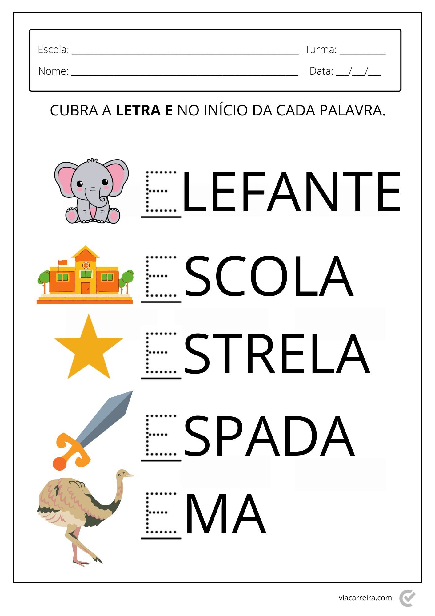 objetos com a letra e para imprimir