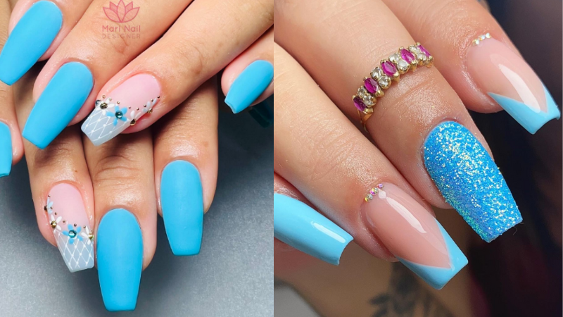 unha em gel azul com prata