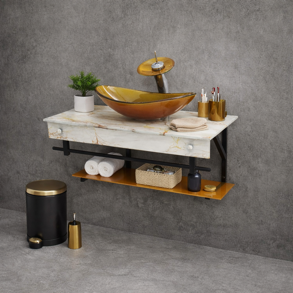 gabinete para banheiro com cuba de vidro e armario superior