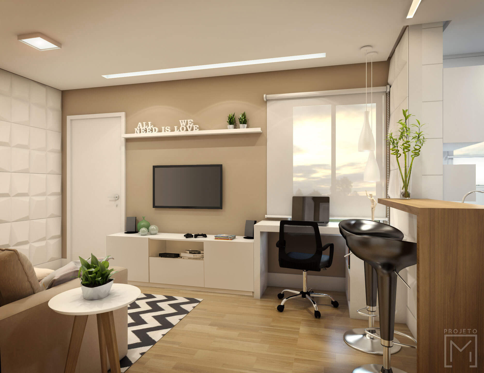 home office na sala minimalista